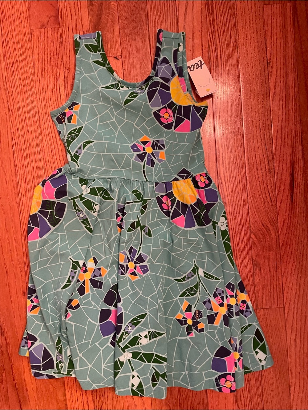 NWT Girls Floral Mosaic Print Sleeveless Dress - Light Teal